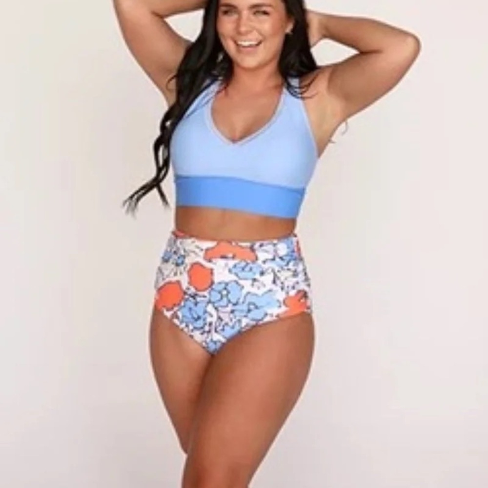 Blue and Floral High-Waisted Bikini Set